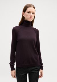 Pull col roulé violet foncé au design ajusté, avec des poignets et un ourlet côtelés, fabriqué à partir d'un tissu doux et texturé. Porté avec un jean sombre.