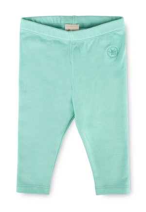 Hellgrüne Baby-Leggings mit elastischem Bund und kleinem rundem besticktem Logo am oberen linken Bein.