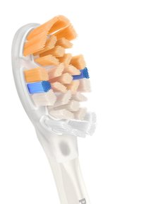 Tête de brosse à dents électrique avec des poils multicolores : orange, bleu, blanc et beige, sur une base en plastique blanc. Surface texturée pour une prise en main.