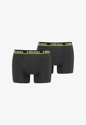 Boxers gris foncé en tissu extensible, avec une ceinture noire portant le logo "HEAD" en néon jaune. L'emballage comprend deux paires.