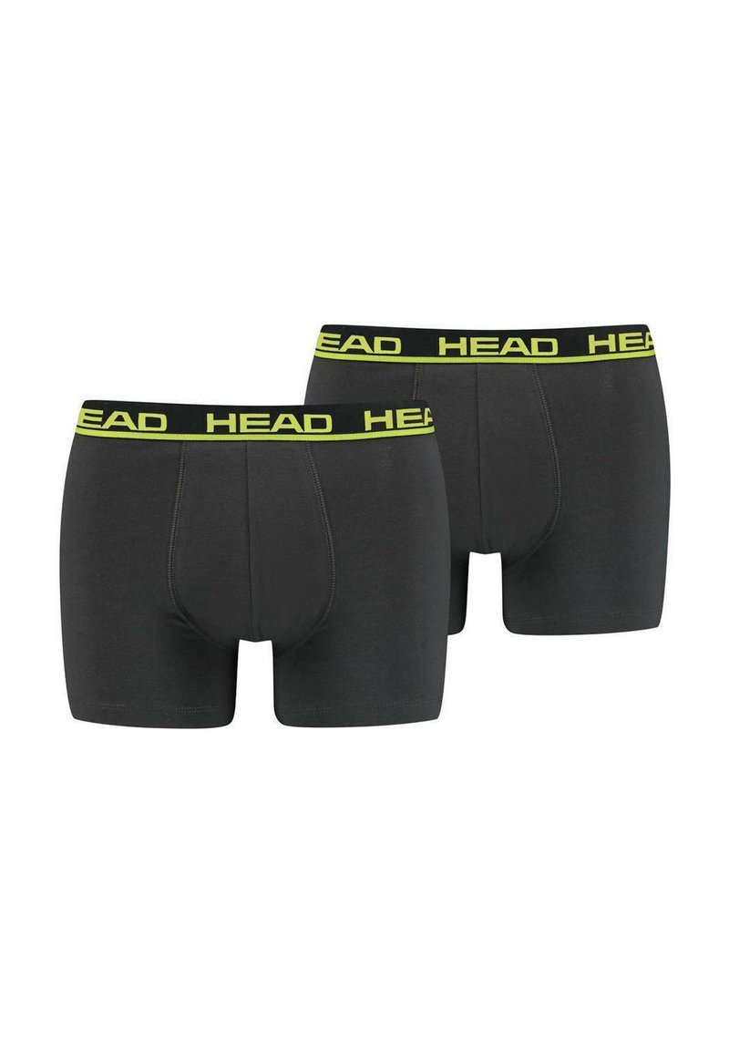 Dunkelgraue Boxershorts aus dehnbarem Stoff, mit einem schwarzen Bund und dem neonfarbenen gelben "HEAD"-Logo. Das Set enthält zwei Paar.
