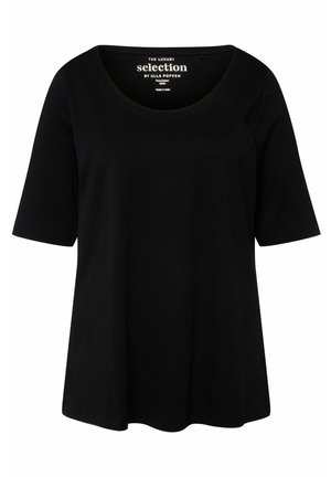 Top corto a maniche corte di colore nero realizzato in cotone. Presenta un ampio scollo a barca e una vestibilità rilassata, con una superficie liscia e senza motivi in evidenza.
