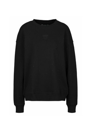 Zwart sweatshirt van textuurstof, met een ronde halslijn, verlaagde schouders en subtiele decoratieve stippen door het hele stuk.