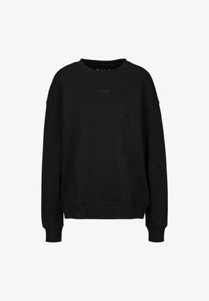 Schwarzes Sweatshirt aus strukturiertem Material, mit Rundhalsausschnitt, überschnittenen Schultern und dezenten dekorativen Sprenkeln im gesamten Design.