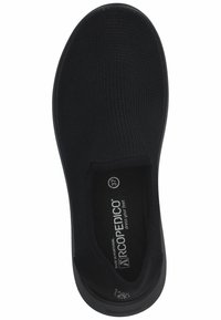 Schwarzer Slipper aus atmungsaktivem Mesh-Obermaterial, mit runder Form, gepolsterter Innensohle und rutschfester Gummisohle für guten Halt. Größe 37.