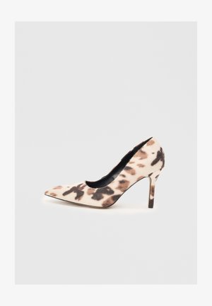 Leopard print high-heeled shoe with a pointed toe and a sleek silhouette, featuring a soft, textured upper and a thin stiletto heel.