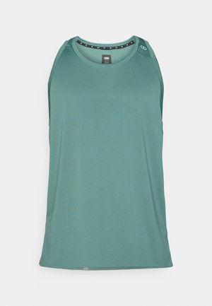 Türkises ärmelloses Tanktop aus atmungsaktivem Stoff, mit rundem Halsausschnitt und kleinem dekorativem Metallzubehör in der Nähe der Schulter.