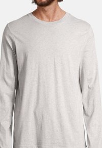 T-shirt gris clair à manches longues en tissu doux, avec un col rond et une coupe décontractée, présentant des détails de couture minimaux.