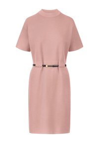 Rosa Kurzarmkleid mit einem Stehkragen und einem Stoffgürtel mit einer goldenen Schnalle. Glatte Textur, knielang und schlichtes Design.