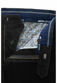 Schwarze Cordhosen mit einem gemusterten Innenfutter in Blau, Braun und Creme. Merkmale sind ein Reißverschluss, Knopfverschluss und eine Blattstickerei.