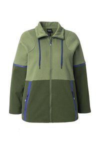 Fleece jacket in varying shades of green, featuring a zip front, high collar, blue accents, and two zippered side pockets.