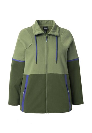 Fleece jacket in varying shades of green, featuring a zip front, high collar, blue accents, and two zippered side pockets.