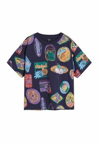Short-sleeve navy T-shirt featuring colorful, hand-drawn food-themed graphics. Made of cotton with a relaxed fit and rounded neckline.