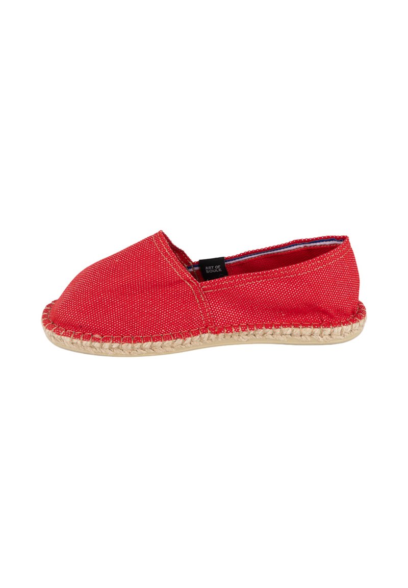 Espadrille en toile rouge avec semelle tissée beige et étiquette latérale portant l'inscription « Art of Soule », vue de profil sur fond blanc.