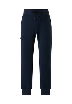 Pantaloni della tuta blu navy realizzati in tessuto morbido, con vita regolabile tramite cordino, tasche laterali e polsini affusolati alle caviglie.