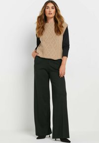 Beige gebreide vest met ruitpatroon over een zwart overhemd met lange mouwen, gecombineerd met wijdvallende donkergroene broeken en zwarte puntige schoenen.