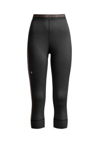 Black athletic capris with a fitted design, made from textured fabric. Features a wide waistband with contrasting pink lettering and side stripes.