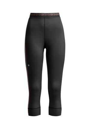 Black athletic capris with a fitted design, made from textured fabric. Features a wide waistband with contrasting pink lettering and side stripes.