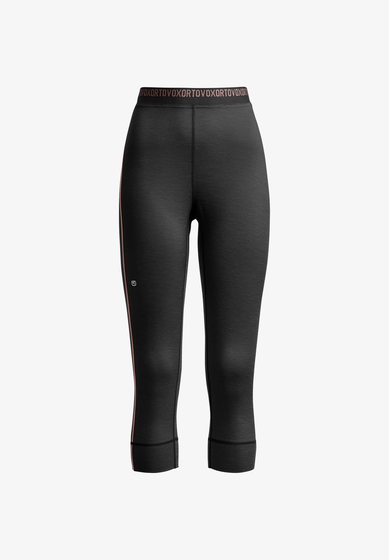 Black athletic capris with a fitted design, made from textured fabric. Features a wide waistband with contrasting pink lettering and side stripes.