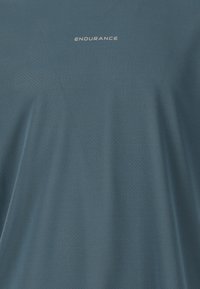 Blå texturerad tyg med ordet "UTHÅLLIGHET" tryckt i små vita versaler nära den övre centrum.