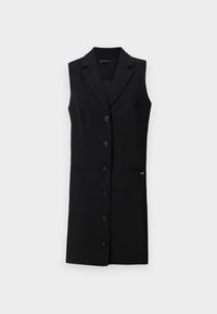 Black sleeveless blazer dress with a tailored design, notched lapels, six front buttons, and side pockets. Smooth fabric with minimal accents.