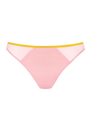 Culotte string rose avec une texture douce et une ceinture jaune. Présente un design simple avec des coutures minimales et une forme géométrique.