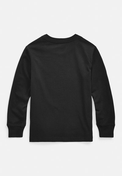 Czarna koszulka z długim rękawem, z okrągłym dekoltem, wykonana z gładkiej tkaniny. Posiada ściągacze na mankietach oraz czysty, prosty design bez wzorów.