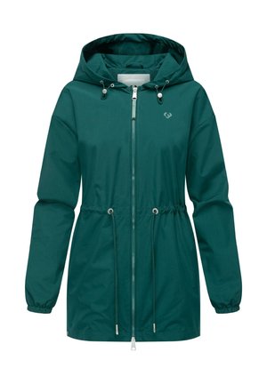Veste turquoise résistante à l'eau avec une taille à cordon de serrage, fermeture éclair sur toute la longueur à l'avant et capuche ajustable. Comprend des poignets élastiques et un discret logo.