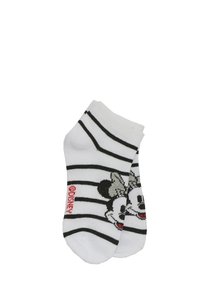 Calzini bianchi con strisce nere, caratterizzati da una grafica del volto di un personaggio e un logo "Disney" rosso. Materiale misto cotone. Lunghezza alla caviglia.