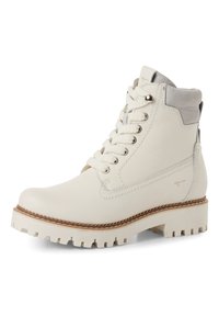 White leather ankle boot with gray suede accents, lace-up closure, beige textured sole, and decorative stitching along the edges.