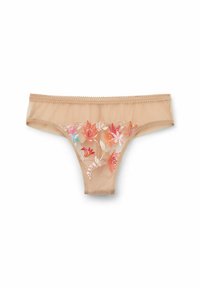 Naakte mesh thong met bloemmotieven in tinten van roze, oranje en blauw. Fijne kantrand langs de tailleband. Zachte textuur.