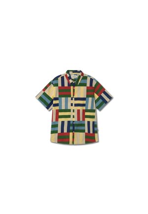 Korte mouw shirt in een multikleurige vierkant patroon met groene, blauwe, rode en gele strepen. Voorzien van een knoopsluiting aan de voorkant en een kraag.
