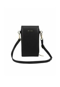 Černá kožená crossbody taška s obdélníkovým tvarem, zlatými kovovými akcenty, zapínáním na zip a nastavitelným popruhem.