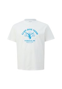 Weißes Baumwoll-T-Shirt mit kurzen Ärmeln und einem blauen Grafikdruck eines Tauchers sowie dem Text "CLIFF DIVE TEAM ACAPULCO, MX."