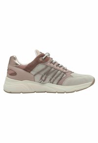 Hellrosa und beige Sneaker mit Netzpaneelen, Suedeelementen, metallischen Akzenten und strukturiertem Profil. Merkmale sind die abgerundete Zehenpartie und die Schnürung.