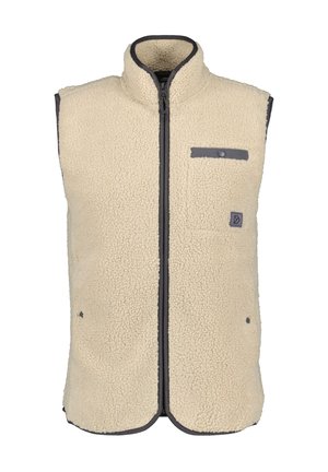 Beige fleeceväst med hög krage, grå dragkedja och bröstficka. Har strukturerad tyg och sidofickor för ökad funktionalitet.