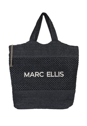 Borsa tote nera intrecciata con doppi manici, con scritta bianca "MARC ELLIS" e piccolo dettaglio di catena dorata sul lato.