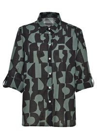 Chemise noire et vert foncé à manches longues, boutonnée, avec des formes géométriques abstraites et un col classique.
