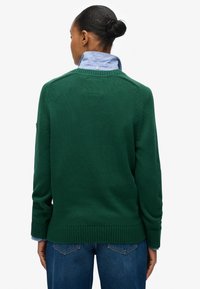 Person mit dunkler Hautfarbe und zu einem Dutt gebundenen Haaren, die einen grünen Strickpullover über einem blauen Hemd mit Kragen und blaue Jeans trägt, von der Kamera weggewandt.