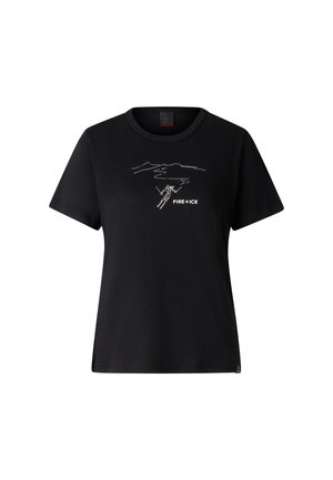 Schwarzes T-Shirt mit kurzen Ärmeln mit weißer Linienzeichnung eines Skifahrers, der die Berge hinunterfährt, und dem Text "FIRE + ICE" auf der Brust.
