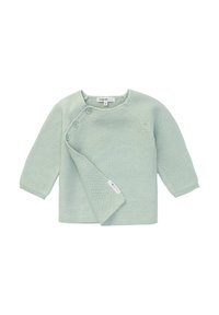 Haut en tricot à manches longues vert clair avec un col rond, comportant trois boutons sur l'épaule et des poignets côtelés. Étiquette portant la mention "noppies baby."