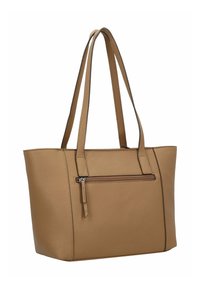Borsa tote in pelle tan con due spallacci, superficie testurizzata, tasca frontale con zip e bordi con rifinitura a contrasto.