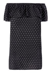 Vestido preto sem mangas, com bolinhas brancas em forma de diamante, apresentando um decote com babados e uma textura suave. Design simples, de corte reto.