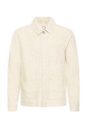 Beež pikkade varrukatega jakk kraega, ühe nupu kinnitusega ja kolme esisahtliga, valmistatud tekstuuriga kangast.