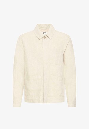 Veste beige à manches longues avec col, fermeture à bouton unique et trois poches plaquées à l'avant, confectionnée dans un tissu texturé.