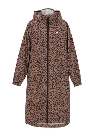 Brązowy długi płaszcz przeciwdeszczowy w czarne cętki lamparta, z przednim zamkiem błyskawicznym, kapturem, elastycznymi mankietami oraz małym logo parasola na piersi.