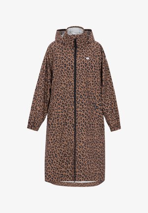 Trench maro lung cu pete negre de leopard, fermoar frontal, glugă, manșete elastice și un mic logo cu umbrelă pe piept.