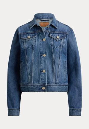 Chaqueta vaquera azul clásica con botones en la parte delantera, dos bolsillos de solapa en el pecho, bolsillos laterales y mangas largas.