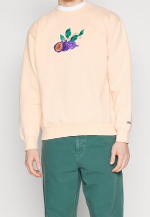 Mann trägt pfirsichfarbenen Pullover mit gestickter lila Feige und grünen Blättern vorne, kombiniert mit grüner Hose, steht vor neutralem Hintergrund.