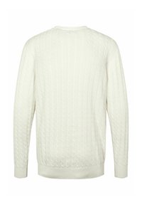 Pulover alb cu model tricotat în relief, cu mâneci lungi și margini striate, văzut din spate pe un fundal alb simplu.